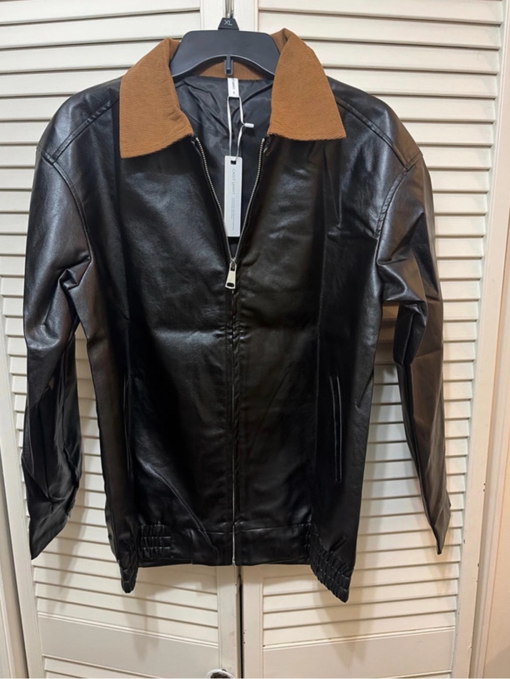 Womens Oversized Bomber Black Faux Leather Jacket with Brown Corduroy Collar